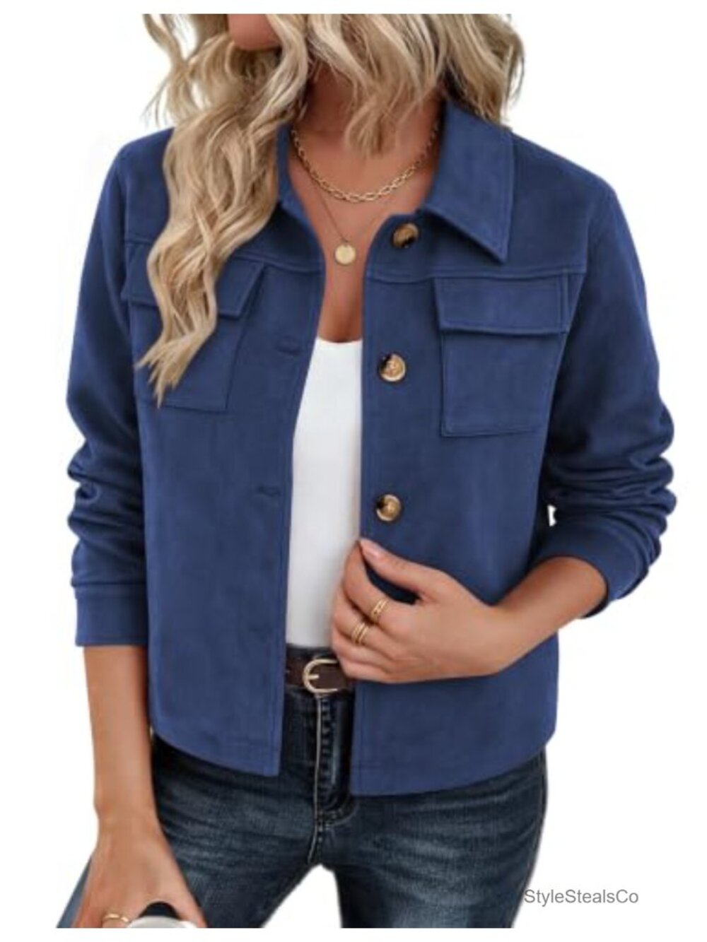 Faux Suede Cropped Shacket Button Up Long Sleeve Collared
